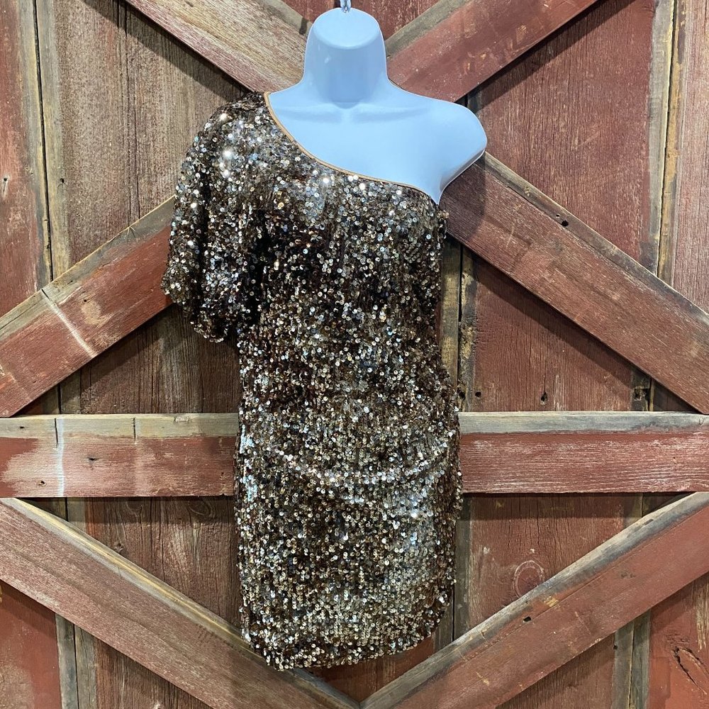 Brown Sequined Mini Dress One Shoulder Size 7 Medium Stretch Short Sleeve - Picture 1 of 13